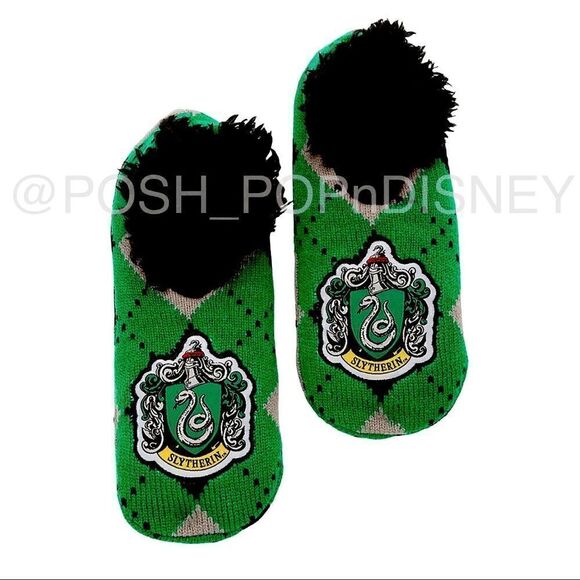 HARRY POTTER Slytherin Logo Slipper Socks green snakes 🐍 black fluffy - Picture 1 of 2